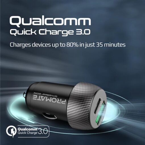 PROMATE 20W Dual Port In-Car Phone Charger with QC3.0 and USB-C Ports - Image 3