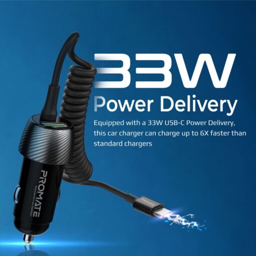 PROMATE 33W In-Car Phone Charger with USB-C Cable - Image 2
