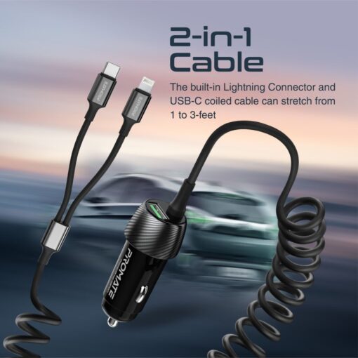 PROMATE 33W In-Car Phone Charger with Lightning and USB-C Cable, USB-A Port - Image 2