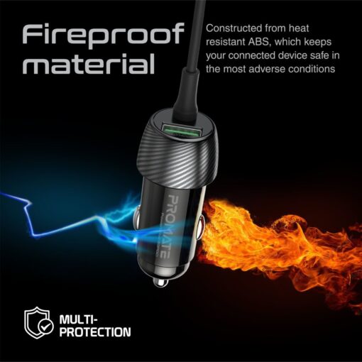 PROMATE 33W In-Car Phone Charger with Lightning and USB-C Cable, USB-A Port - Image 3