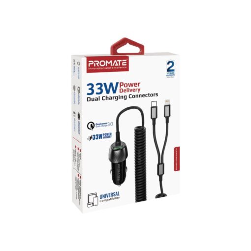 PROMATE 33W In-Car Phone Charger with Lightning and USB-C Cable, USB-A Port - Image 4