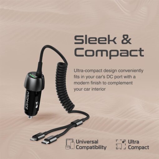 PROMATE 33W In-Car Phone Charger with Lightning and USB-C Cable, USB-A Port - Image 5