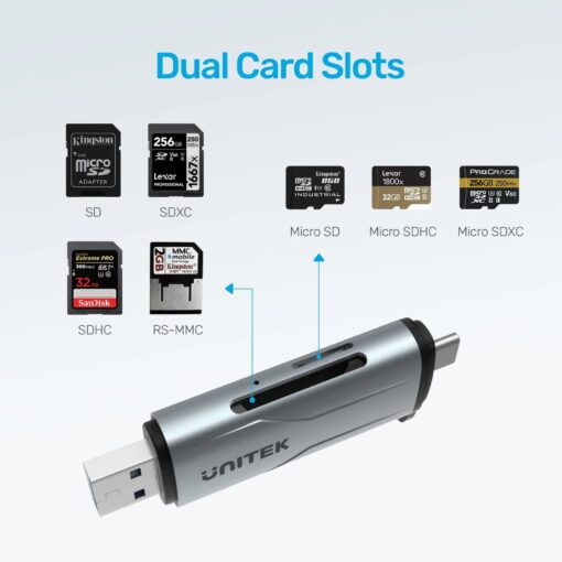 UNITEK R1010A 2-in-1 SD 3.0 Card Reader with Dual USB-A and USB-C Connectors - Image 5