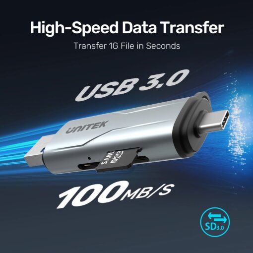 UNITEK R1010A 2-in-1 SD 3.0 Card Reader with Dual USB-A and USB-C Connectors - Image 6