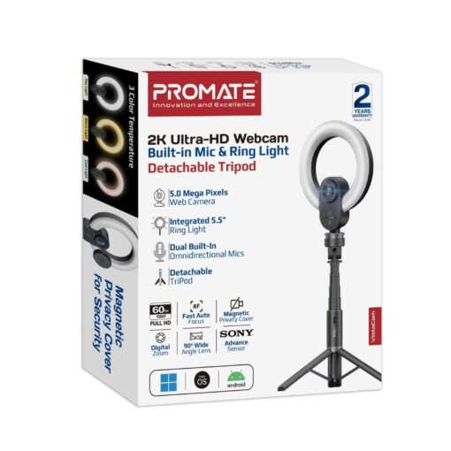 PROMATE VISTACAM UHD Webcam with Built-in Microphone, Ring Light and Detachable Tripod - Image 6