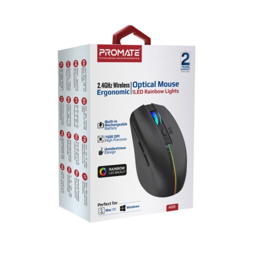PROMATE KITT.BLK Ergonomic Wireless Optical Mouse with LED Rainbow Lights - Image 3