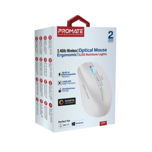PROMATE KITT.WHT Ergonomic Wireless Optical Mouse with LED Rainbow Lights - Image 3