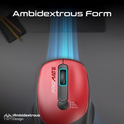 PROMATE UNIGLIDE.RED EZGrip Ambidextrous Ergonomic Wireless Mouse, Red - Image 2