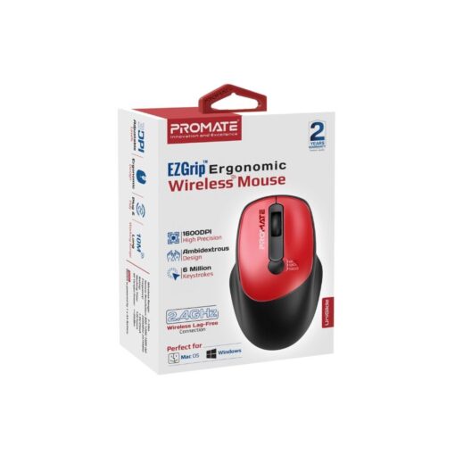 PROMATE UNIGLIDE.RED EZGrip Ambidextrous Ergonomic Wireless Mouse, Red - Image 5