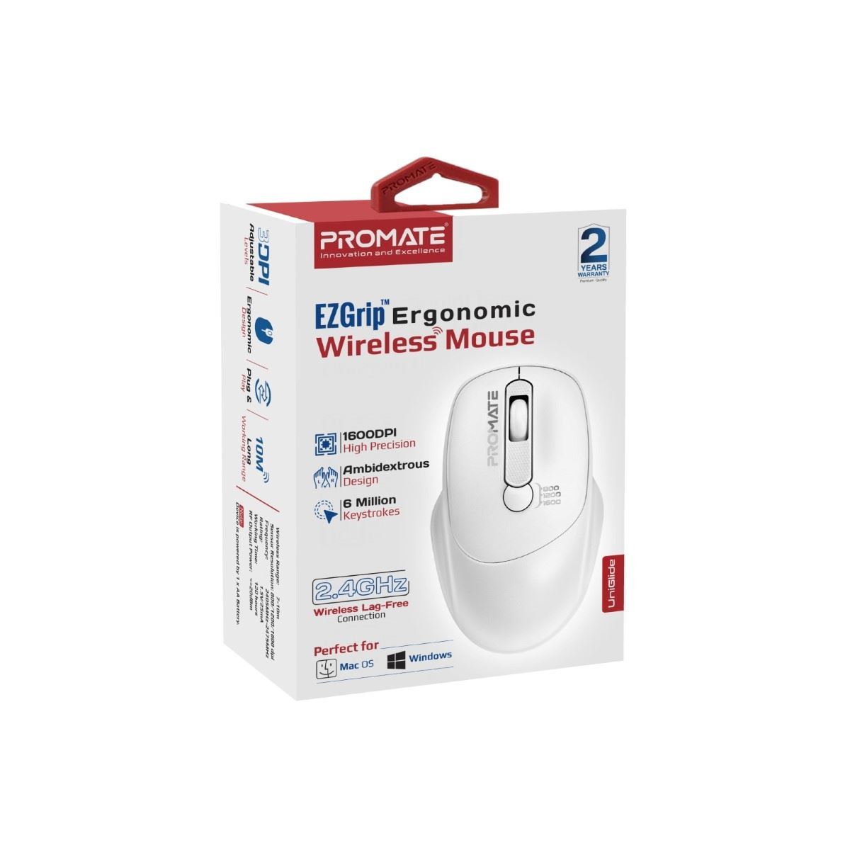 PROMATE UNIGLIDE.WHT EZGrip Ambidextrous Ergonomic Wireless Mouse, White - Image 5